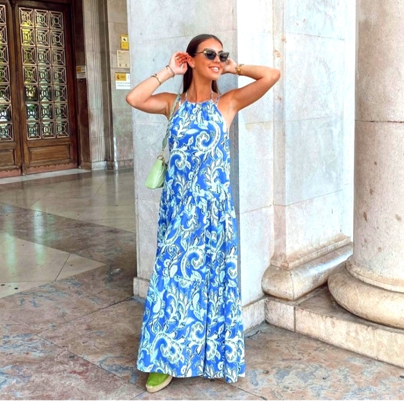 Zara Tiered Floral Print Blue White Cotton Dress Bloggers Favorite - Picture 5 of 16